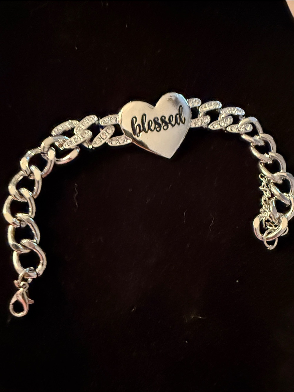 New Women’s 10” adjustable “Blessed”Heart Silver-Tone Chain Bracelet Glitz